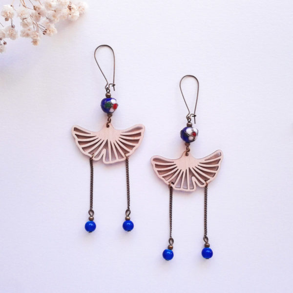 Longues boucles d'oreilles ginkgo bleu cobalt - rétro japonisant - inspiration geisha