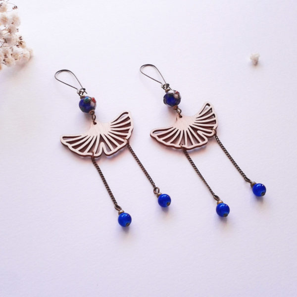 Longues boucles d'oreilles ginkgo bleu cobalt - rétro japonisant - inspiration geisha