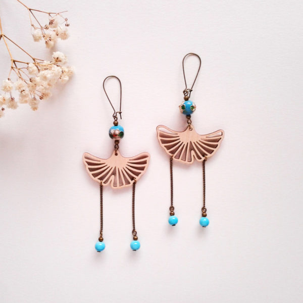 Boucles d'oreilles feuilles de ginkgo - rétro et japonisantes - bleu turquoise