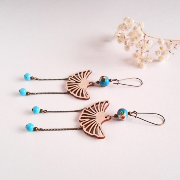 Boucles d'oreilles feuilles de ginkgo - rétro et japonisantes - bleu turquoise