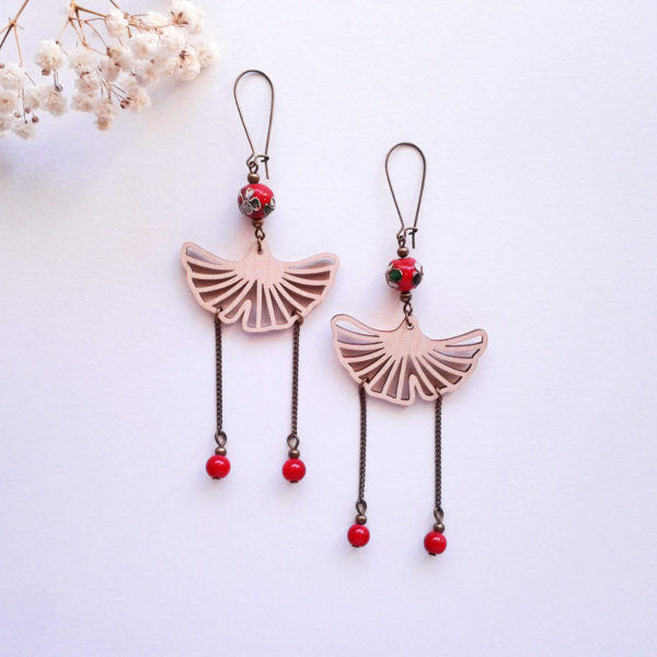 Boucles d'oreilles longues feuilles de ginkgo - inspiré des geisha - couleur rouge et bronze