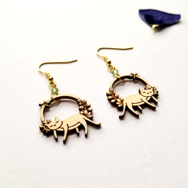 boucles d'oreilles chat en bois